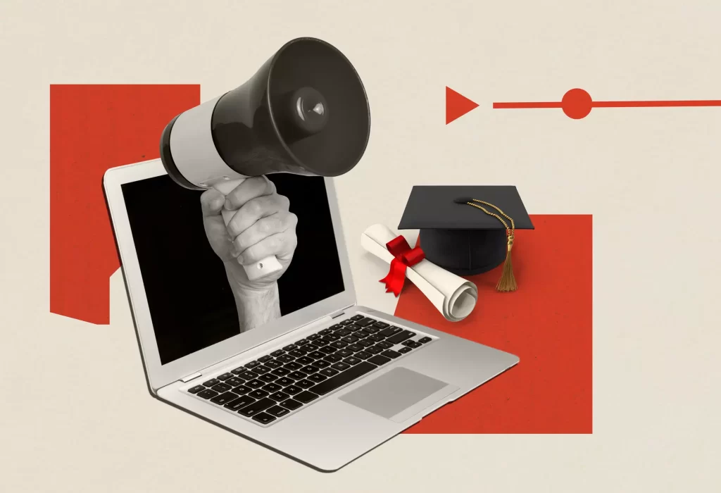 Grafico sull’aumento delle iscrizioni alle università telematiche in Italia con studenti di diverse età e focus sui corsi digitali più richiesti.