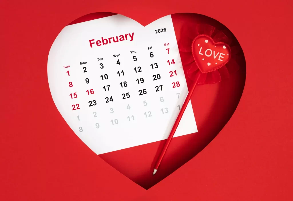 Calendario con evidenziato il 14 febbraio per San Valentino all’estero